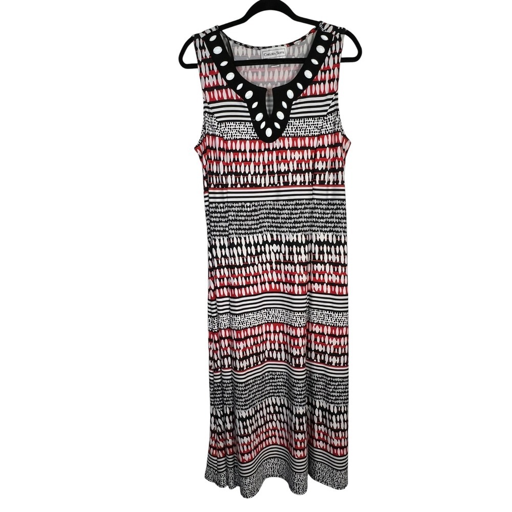 Chelsea Suite Red Black White Geometric Striped Sleeveless Midi Dress - Size 14